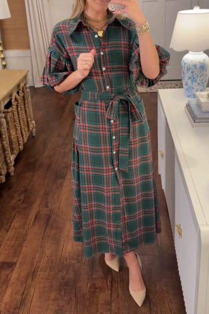 Women's Plaid Print Frilly Collar Long Sleeve Midi Dress