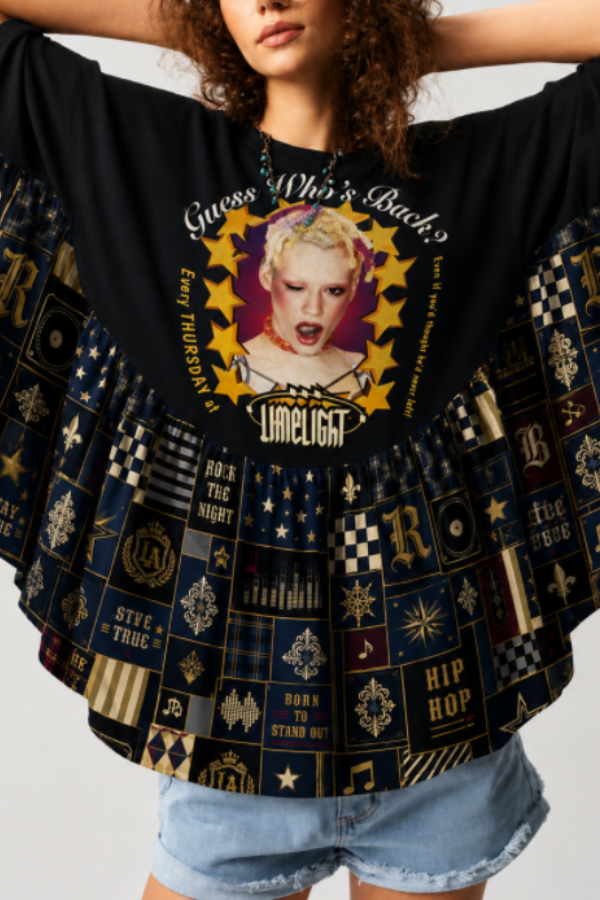 Retro Print Of 90S Underground Club Patchwork Poncho Top