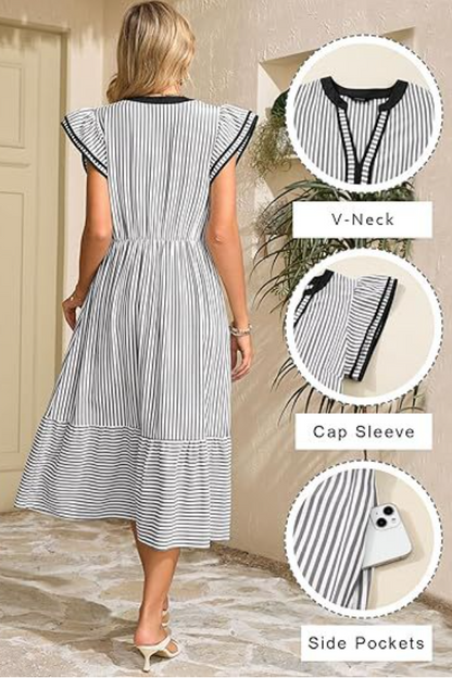 Summer V-Neck Ruffle Cap Sleeve Empire Waist Flowy Striped Beach Midi Maxi Dress