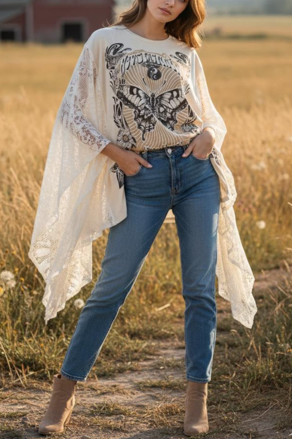 T-shirt With Flowers And Butterflies In Hippie Gypsy Style