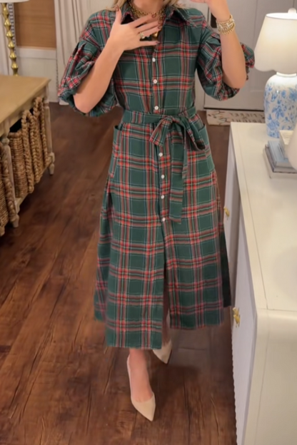 Women's Plaid Print Frilly Collar Long Sleeve Midi Dress