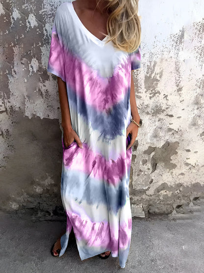 Plus-Size Printed Short-Sleeve Dress (With Pockets)