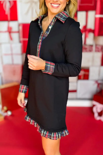 Ruffled, Contrasting Long-sleeved Dress