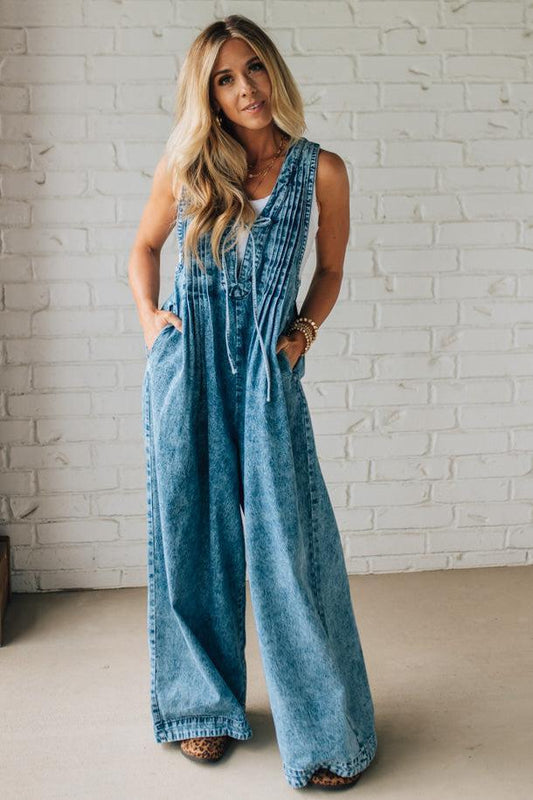 Acid Wash Pintuck Jumpsuit