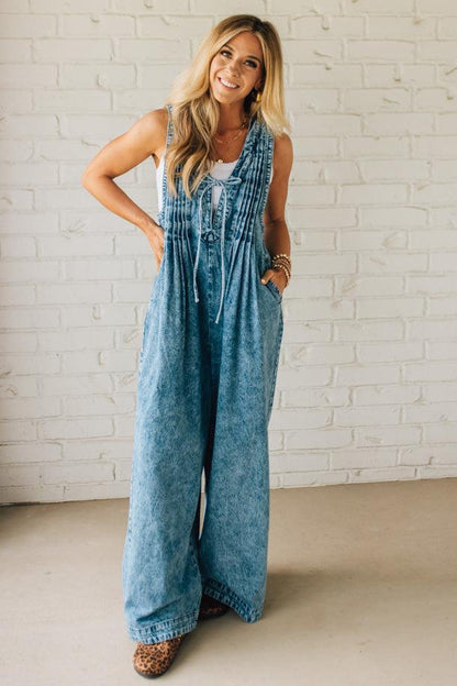 Acid Wash Pintuck Jumpsuit