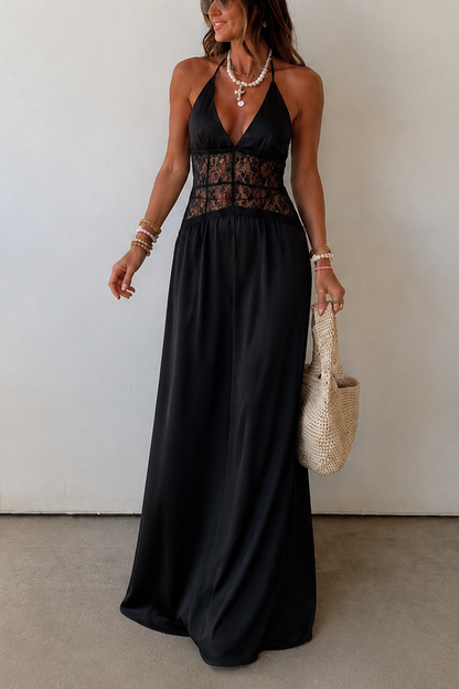 Elegant Deep V Lace Stitching Neck Sexy Dress