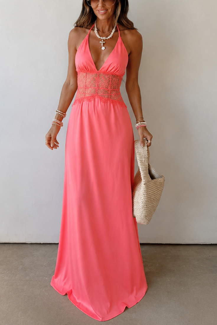 Elegant Deep V Lace Stitching Neck Sexy Dress