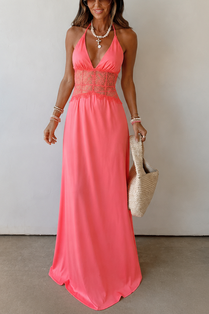 Elegant Deep V Lace Stitching Neck Sexy Dress