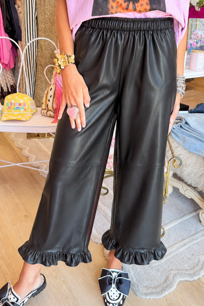 Black Faux Leather Ruffle Hem Pants