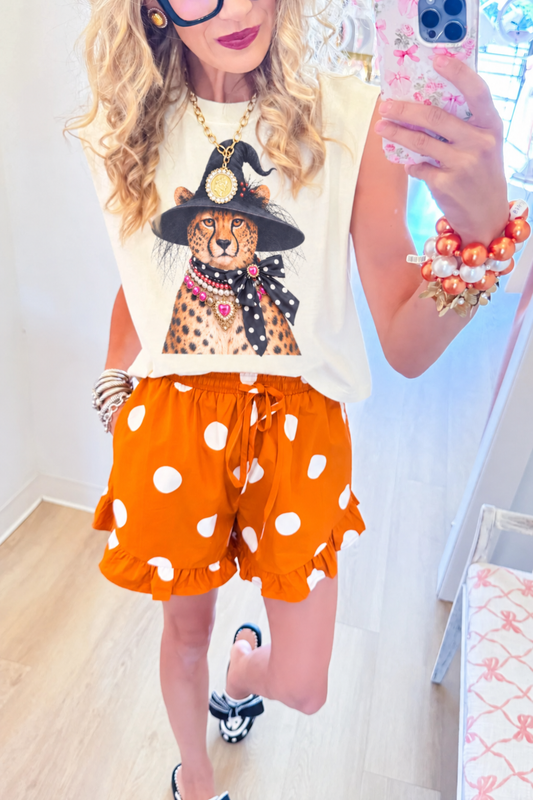 Cheetah Witch Bow Jeweled Collar Muscle Tee