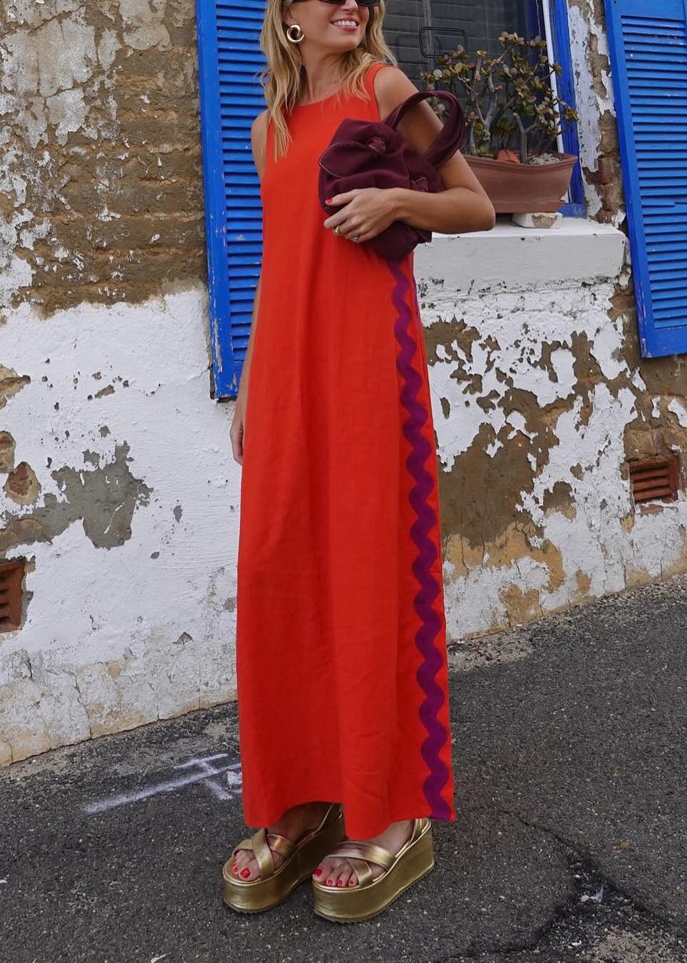Robe longue décontractée avec coutures en dentelle de couleur unie