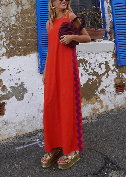 Robe longue décontractée avec coutures en dentelle de couleur unie
