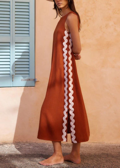 Robe longue décontractée avec coutures en dentelle de couleur unie