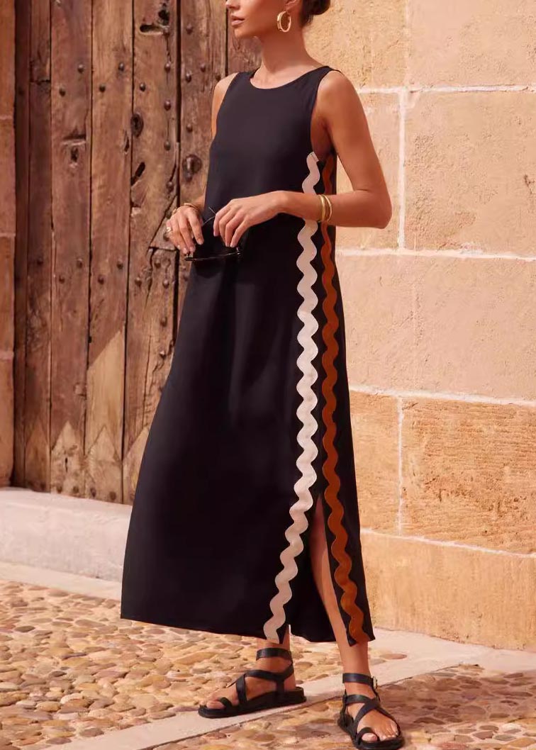 Robe longue décontractée avec coutures en dentelle de couleur unie