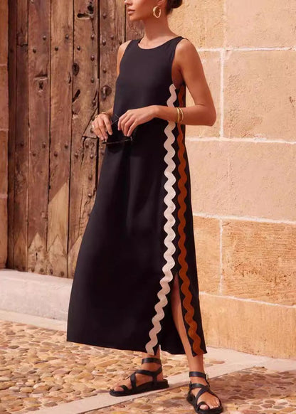 Robe longue décontractée avec coutures en dentelle de couleur unie