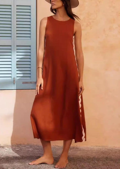 Robe longue décontractée avec coutures en dentelle de couleur unie