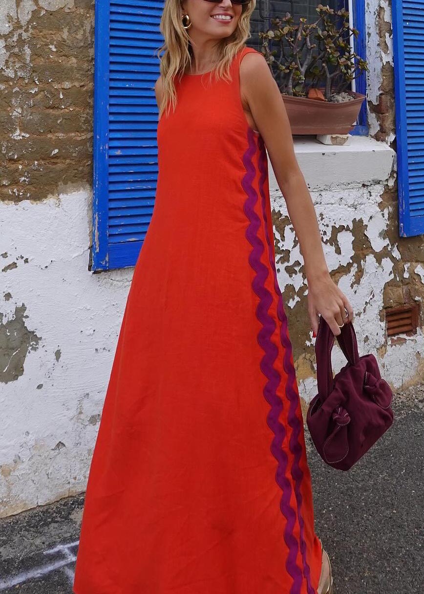 Robe longue décontractée avec coutures en dentelle de couleur unie