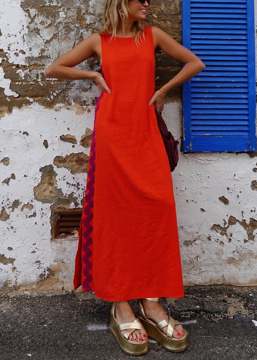 Robe longue décontractée avec coutures en dentelle de couleur unie