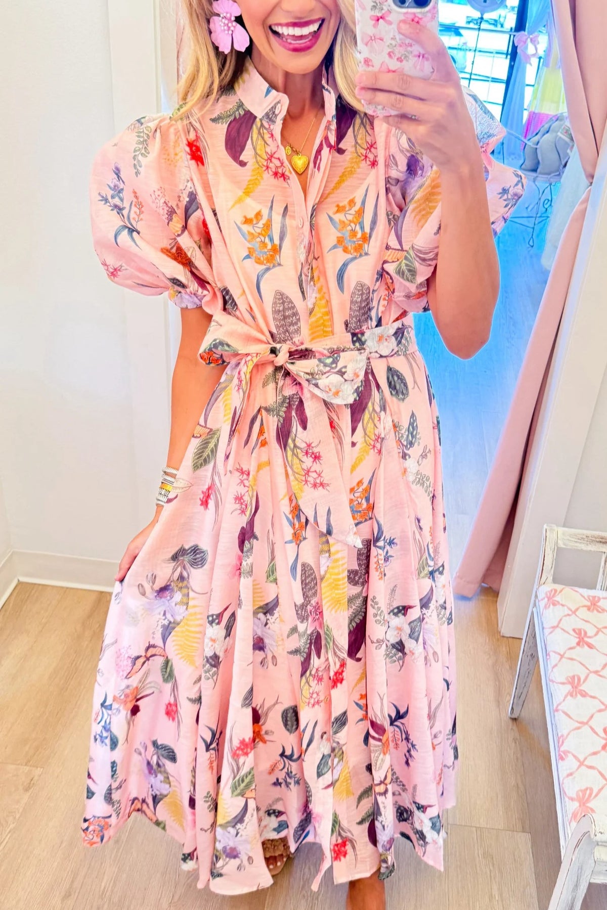 Pink Botanical Midi Shirtdress