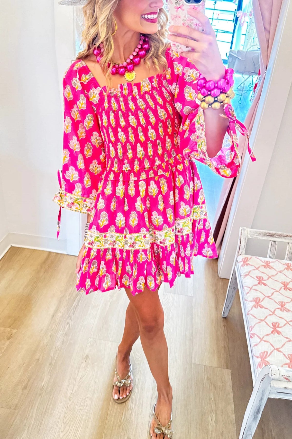 Fuchsia Multi Floral Shirred Dress