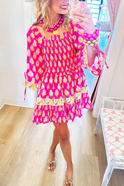 Fuchsia Multi Floral Shirred Dress