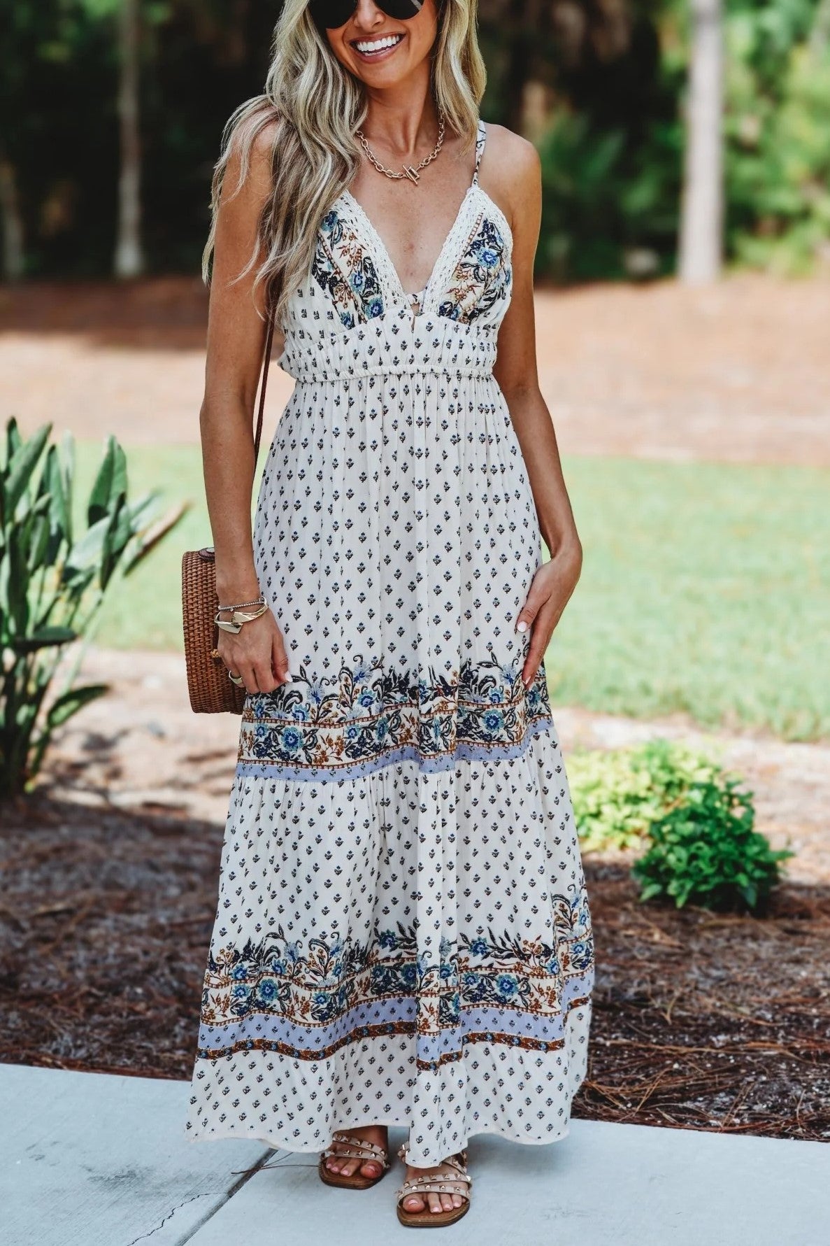Meadow Romance Tie BackBeige Maxi Dress