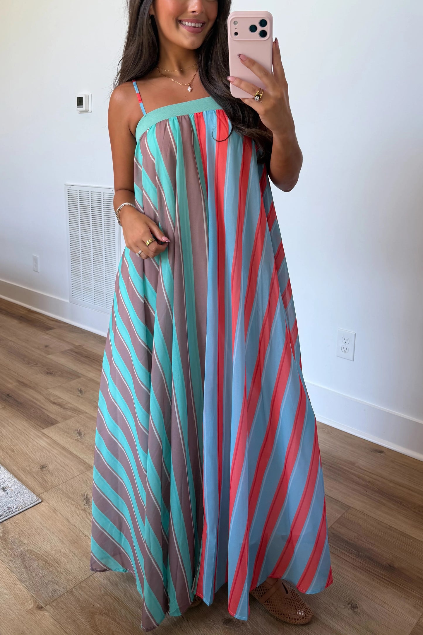 Playful Personality Color Block Stripe Maxi Dress in Seaglass
