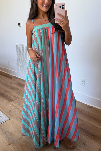 Playful Personality Color Block Stripe Maxi Dress in Seaglass
