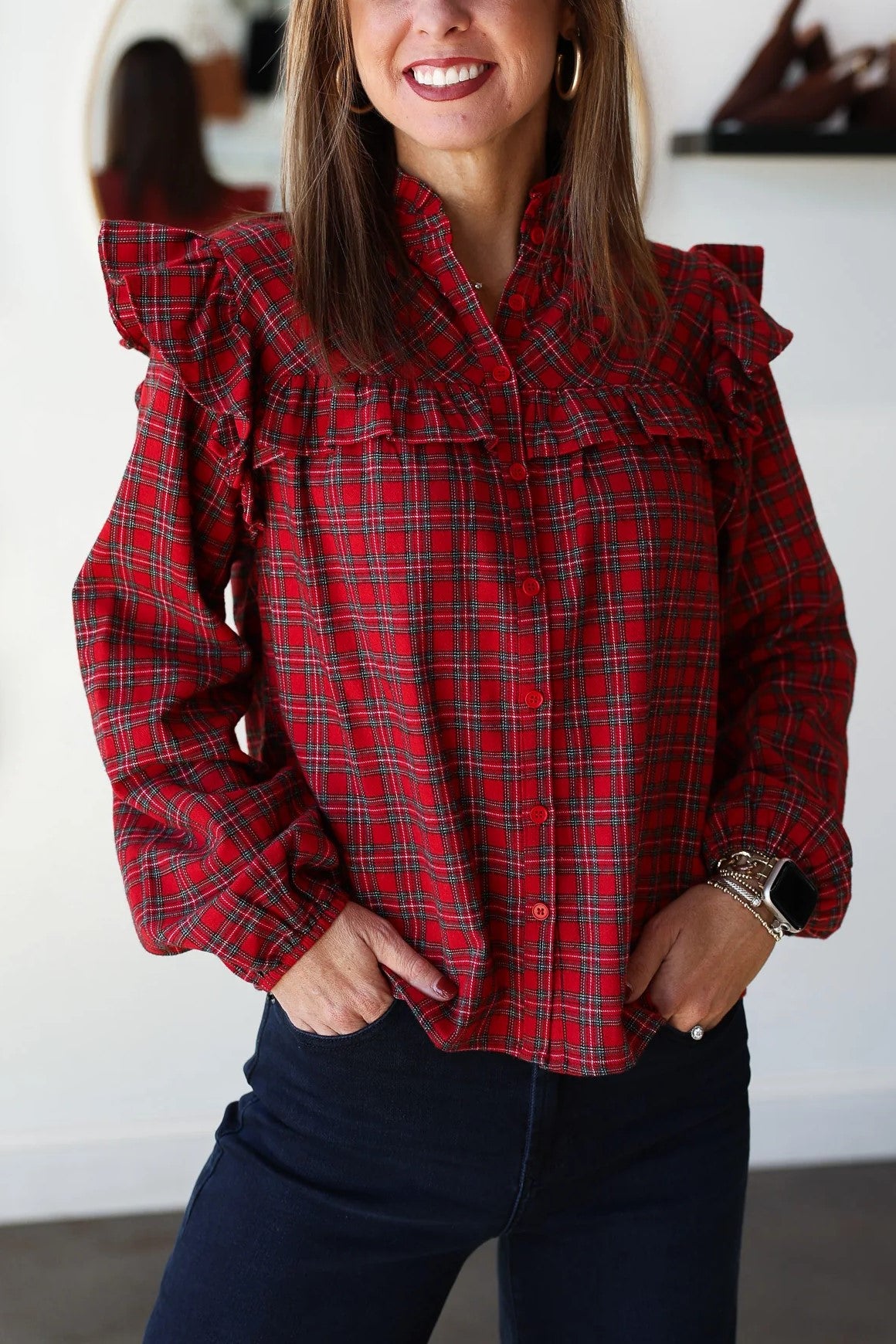 Plaid Ruffle Blouse - Red