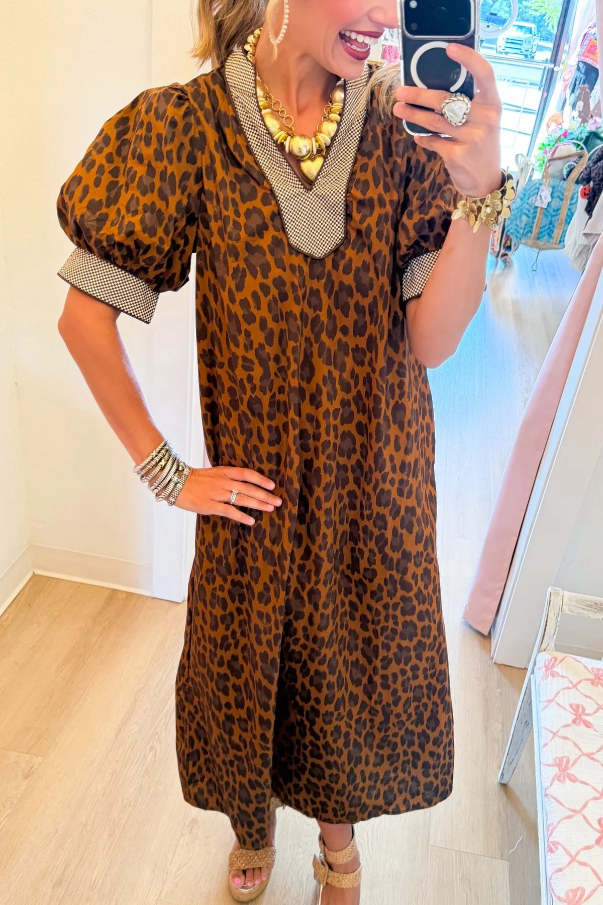 Brown Leopard Puff Sleeve Midi Dress