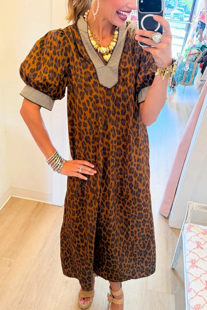 Brown Leopard Puff Sleeve Midi Dress