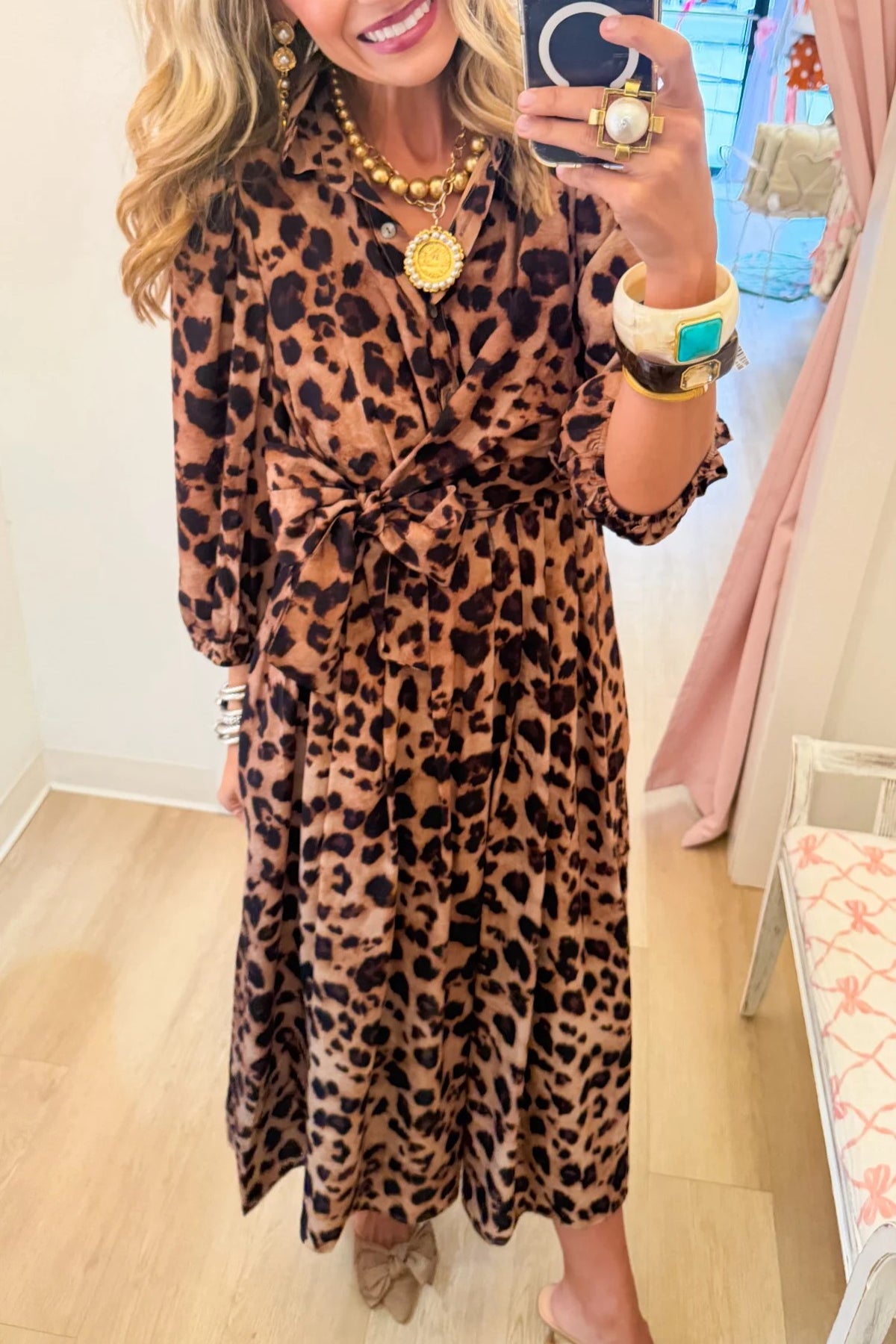 Leopard Print Balloon Sleeve Midi Dress