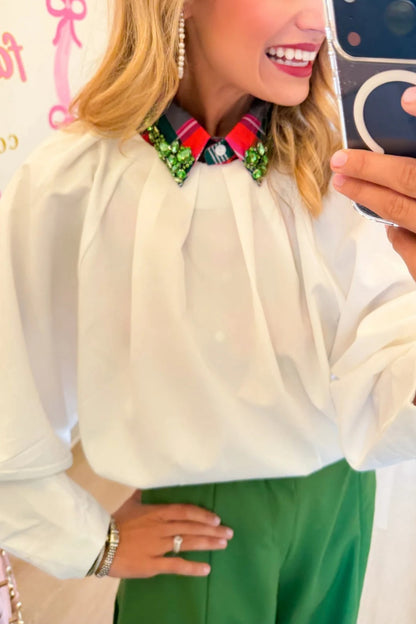 White Balloon Poplin Top and Green A Line Palazzo Pants Two-Piece Set