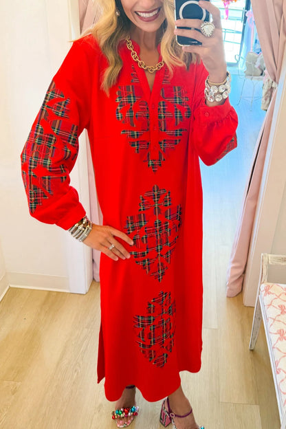 Red Plaid Baroque Applique Midi Dress