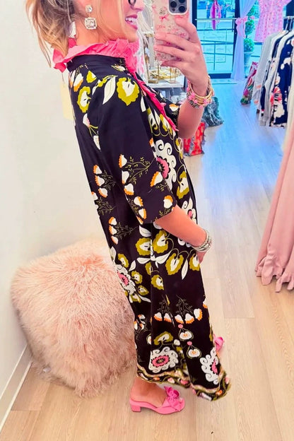 Ruffled High Neck Boho Floral Midi Dress