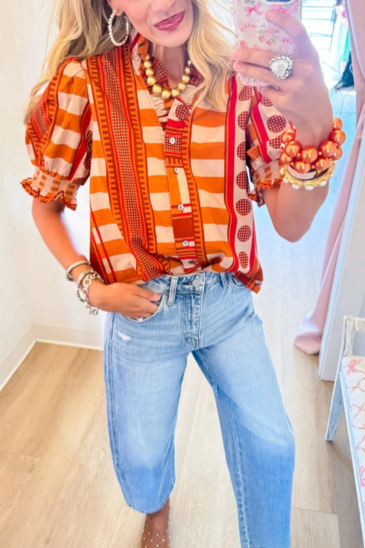Cinnamon Multi Printed Puff Sleeve Top
