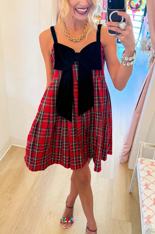 Red Plaid Velvet Bow Mini Dress