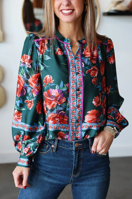 Button Front Printed Top - Deep Green