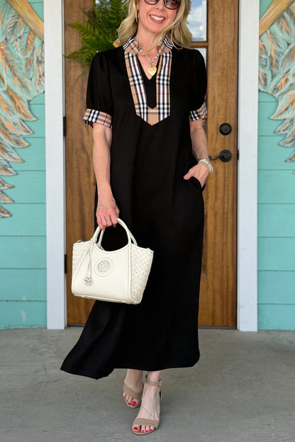 Solid Color Midi Dress with Contrasting Classic
