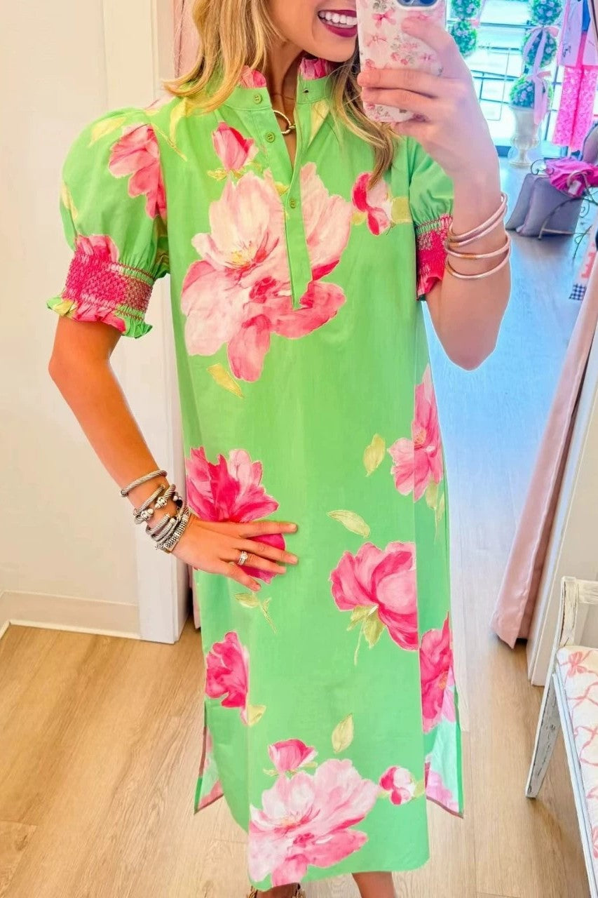 Blooming Puff Sleeve Ruffle-Neck Midi Dress