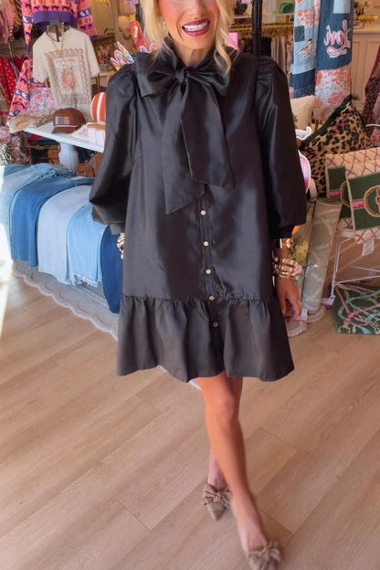 Black Metallic Bow Mini Dress
