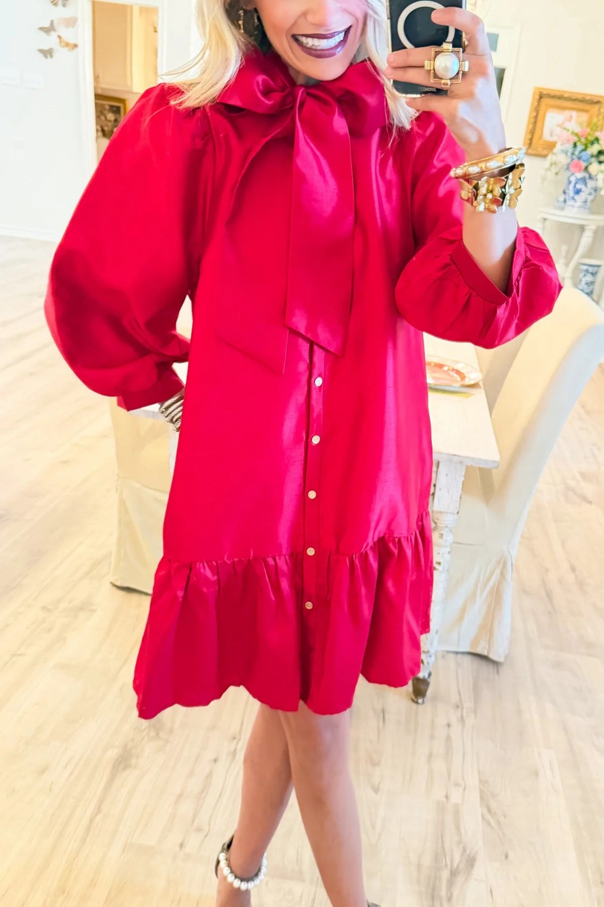 Red Metallic Bow Mini Dress