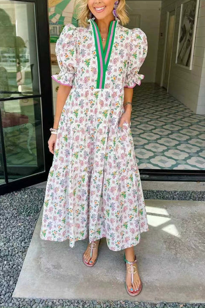 Vintage Floral V-Neck Puff Sleeve Midi Dress