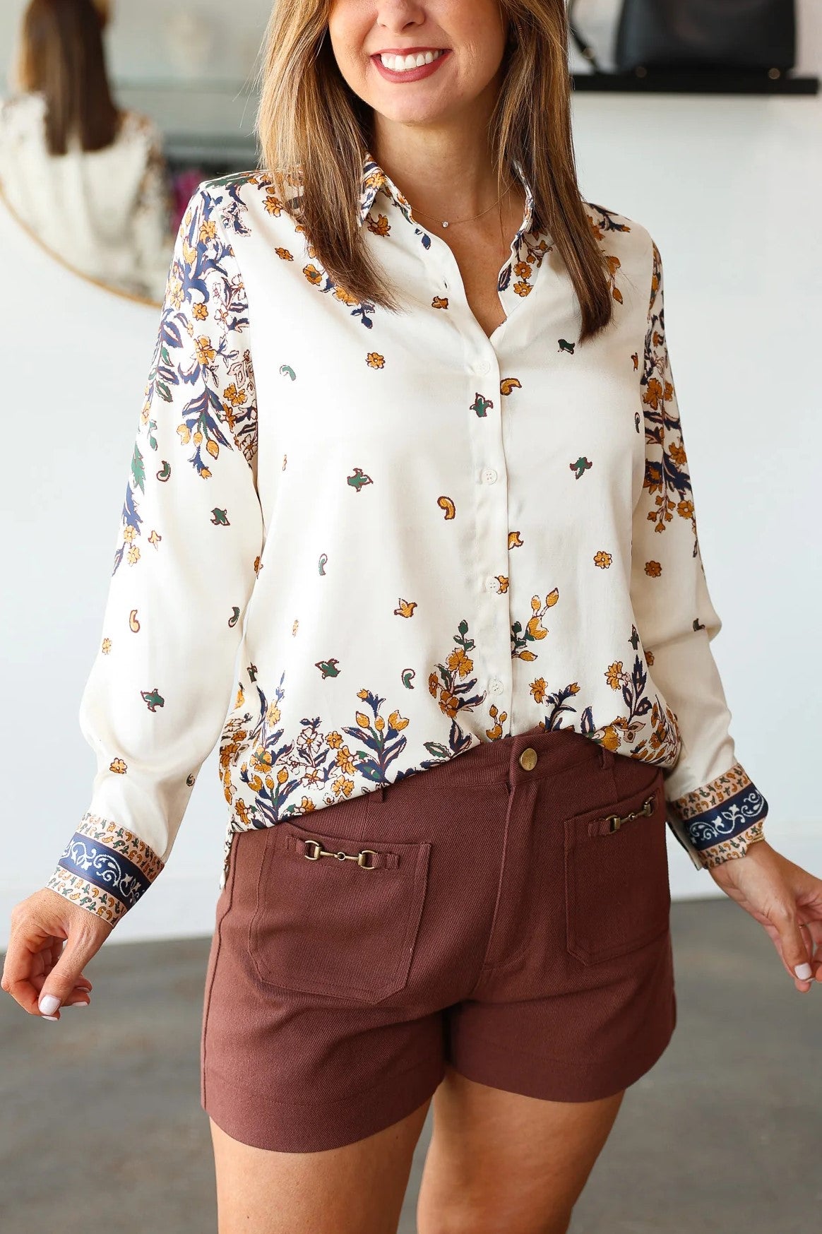 Printed Satin Button Down
