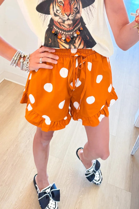 Orange Polka Dot Ruffle Hem Shorts