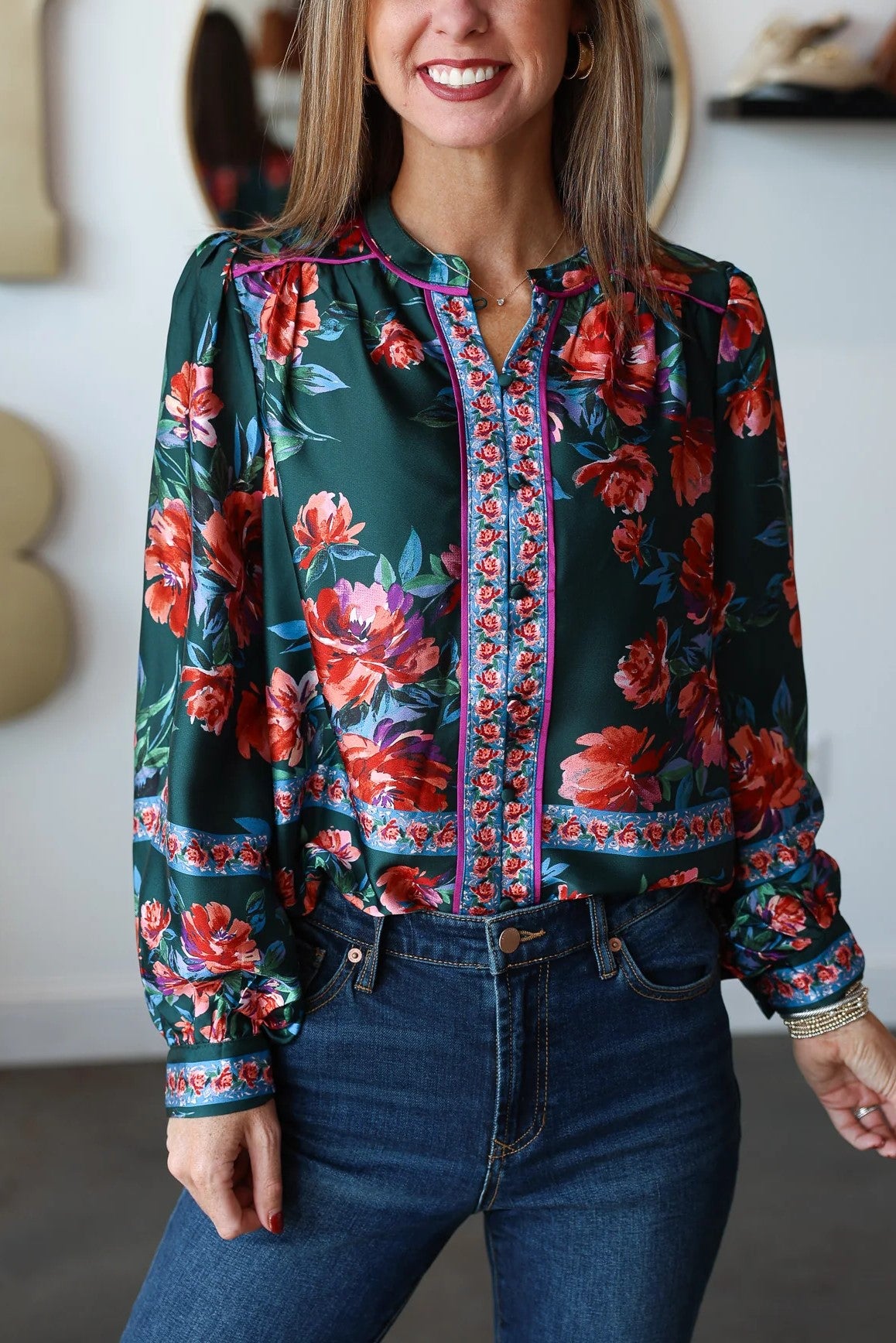 Button Front Printed Top - Deep Green