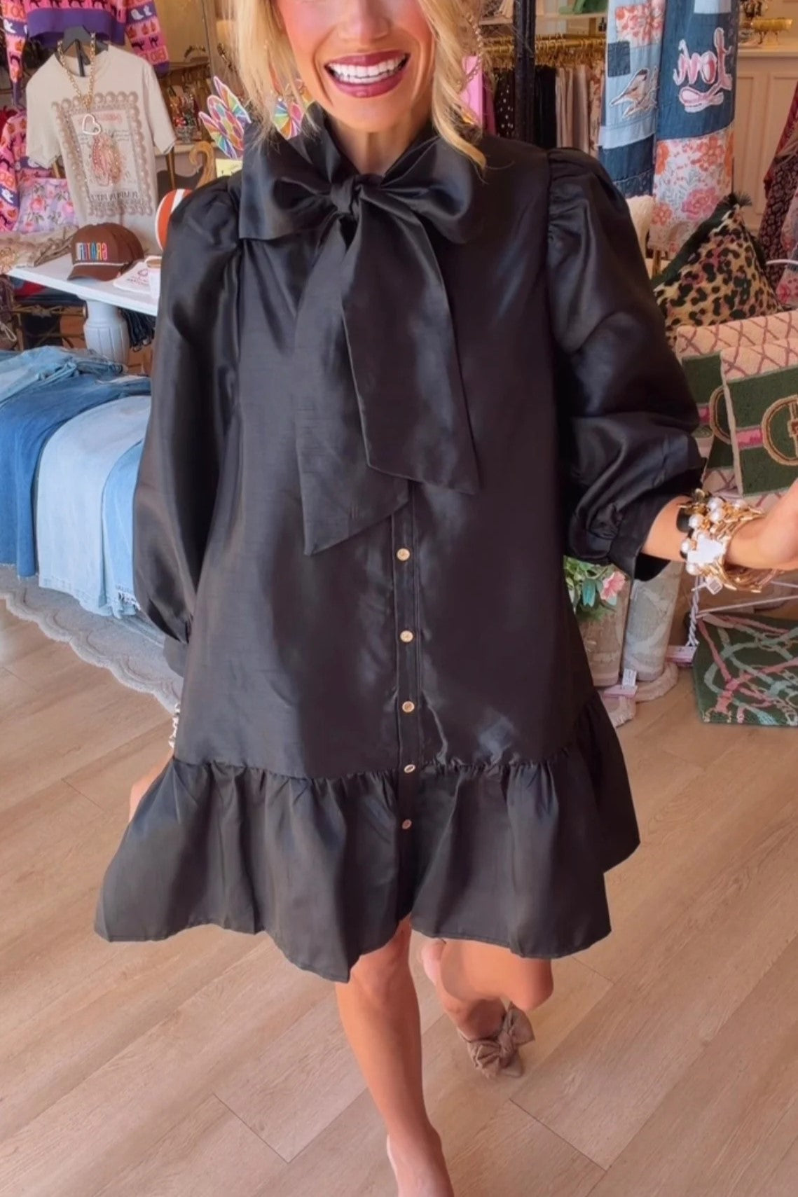 Black Metallic Bow Mini Dress