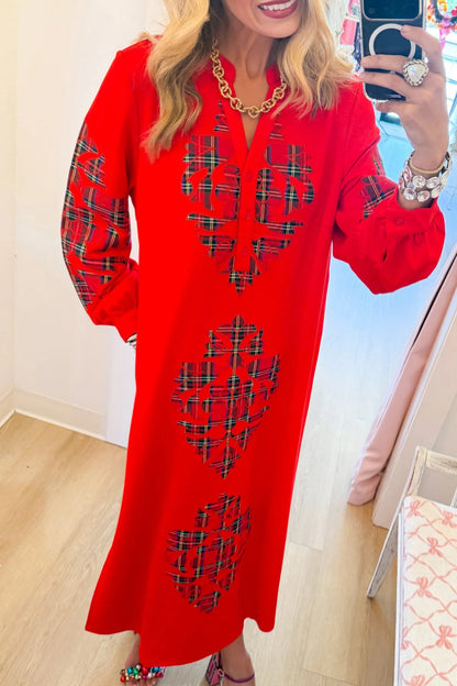 Red Plaid Baroque Applique Midi Dress