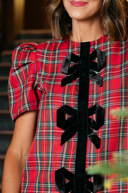 Everly Velvet Bow Trim Puff Sleeve Shift Dress Ln Red Tartan