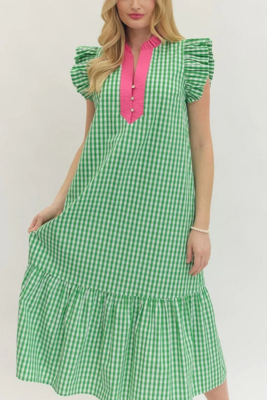 Spring Sweetheart Gingham Midi Dress - Green